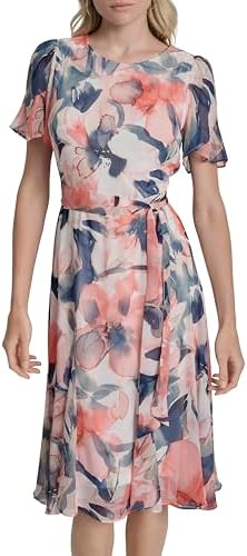 dkny women's chiffon flutter-sleeve tie-waist dress DKNY Women's Dresses MIDI,Navy/Coral, 12 at Amazon Women's Clothing store