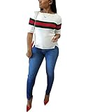 Fashion Ribbon Stripe Patchwork Half Sleeve Ribbed T-Shirt White XXL