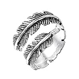 Sterling Silver folk style feather ring (adjustable)（Gift a gift）
