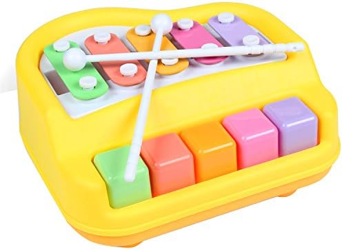 Mini 2 In 1 Piano Xylophone for Toddlers Multicolored 5 Keys Percussion Glockenspiel Learning and Development Toy(Yellow)