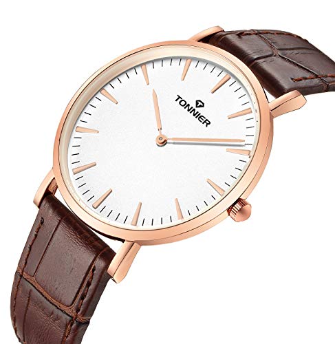 Tonnier Stainless Steel Slim Men Watch Quartz Watch Black Face (Brown Leather with Rose Gold Case)