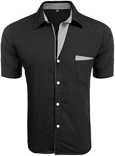 Modfine Men's Breathable Short sleeves Stripe Patchwork Casual Button Down Shirts(Black,Medium)