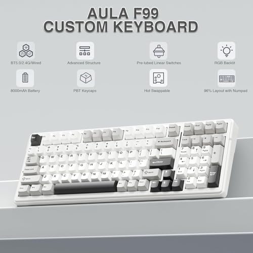 Aula F99 Keyboard Gaming Wireless Mechanical Keyboards Computer Bluetooth Creamy Keyboard Full Size Hot Swappable Custom RGB Backlit with 8000mAh Battery,Tri-Mode BT5.0/2.4GHz/USB-C (Black&White&Grey)