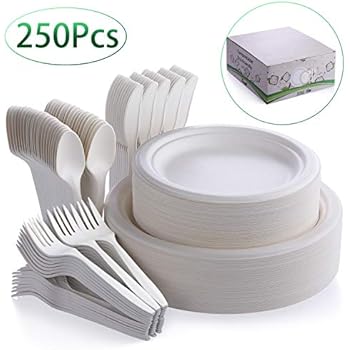 Fuyit 250Pcs Disposable Dinnerware Set, Compostable Sugarcane Cutlery Eco-Friendly Tableware Includes 50 Biodegradable Paper Plates, Forks, Knives and Spoons Combo for Party, Camping, Picnic (White)