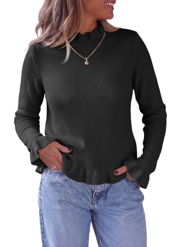 Saodimallsu Womens Ruffle Mock Neck Sweater Long Sleeve Fall Soft Cozy Ribbed Knit Casual Pullover Tops Black at Amazon