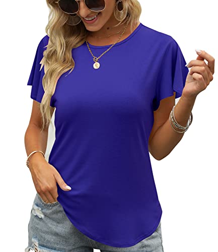 ALIMASHA Womens Tshirt Ruffle Short Sleeve Round Neck Tunic Casual Tops Loose Fit Ruffle Loose Fit Flowy Summer T-Shirts