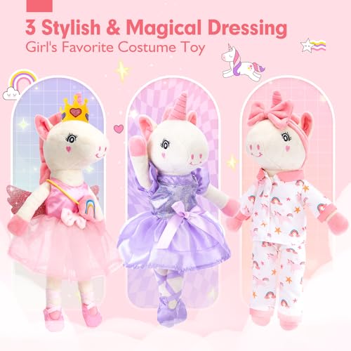 hahaland Peluches Unicornios para Niñas 3-8 años, Dress-up Muñecas Trapo con 3 Set de Ropa & Bolsa, Juguetes Precioso Regalos Niña 3 4 5 6 años