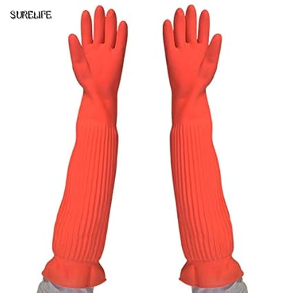 World 2 Home Lengthen ultra long 45/56cm rubber gloves red kitchen wash dishes car cleaning waterproof household glove