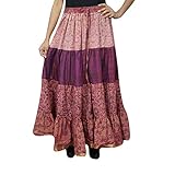 Womens Maxi Skirts Peach Printed Vintage Sari Tiered Flared Skirt One Size