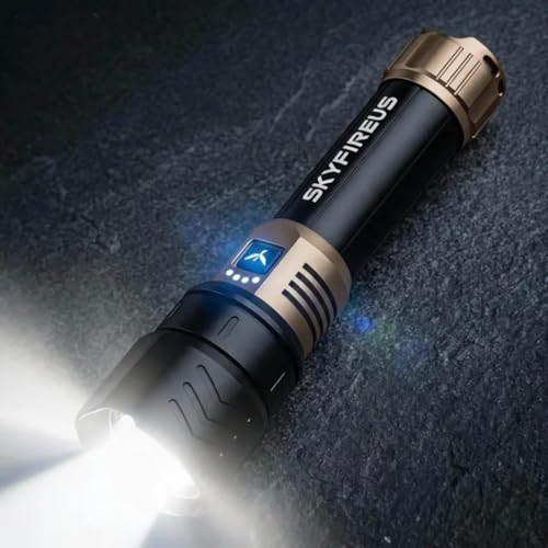 SKYFIRE Tactical LED Torch Ultra Powerful 50000 Lumens - Adjustable Zoom, Ignition Lens, 4 Lighting Modes, Powerbank Function, IPX6 Waterproof for Outdoor, Camping (Black and Gold)