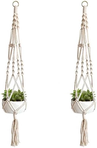 Plant Hanger Indoor Outdoor Macrame Potted Plant Hangers Perfect for Hanging Round and Square Planter Basket 41 inch Set of 2 White
