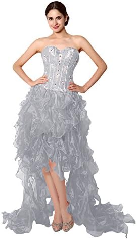 Vinvv Sweetheart Beading Appliques Ruffles High Low Prom Party Dress Silver Size 8