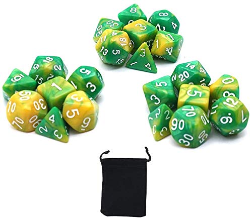 DollaTek Polyhedral Dice Set Table Games Dice 3 Sets Dice 3 x 7 (21 Pieces) Die Series D20 D12 D10 D8 D6 D4 DND dice DND RPG MTG Double Colors One Piece (Yelloe and Green)