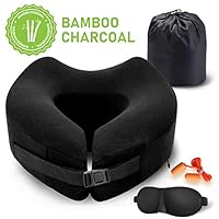 Familamb Travel Pillow Memory Foam U-Shaped Neck Pillow Ergonomic Design Ultra Soft Full Neck Chin Support Adjustable Travel Accessory for Flight Train Car Office Napping Black