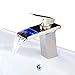 Sprinkle® Stylish Single Handle Nickel Brushed LED Waterfall Bathroom Sink Faucet LED Colors Changing Tap Temperature Control Light
