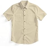 YUYAPA Boys Button Down Shirt Casual Short Sleeve Woven Shirts with Two Pockets for Kids 6-14 Years