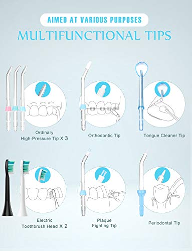 Habor Water Flosser 600ml Oral Irrigator & Electric Toothbrush with 7 Multifunctional Jet Tips & 2 toothbrush heads, 2 Min Timer Electric Dental Flosser, Quiet Design Family