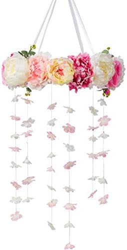 Faux Blooms Baby Nursery Flower Mobile with Silk Flowers (Pink and Ivory) | Crib and Bassinet Floral Wreath Chandelier | Nursery Decor | Baby Shower Gift | Easy to Install | Girls, Boys, Infants