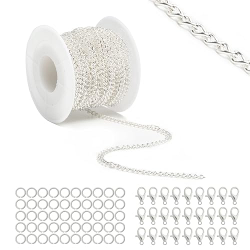 Lemonkey 33 Feet Metal Silver Necklace Chains Curb Links Chains Bulk for Jewelry Making DIY Craft Kit with Lobster Clasps Jump Rings