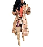 Alunzoem Women's Plaid Coat Casual Lapel Double Breasted Cut Out Long Wool Jacket Outerwear