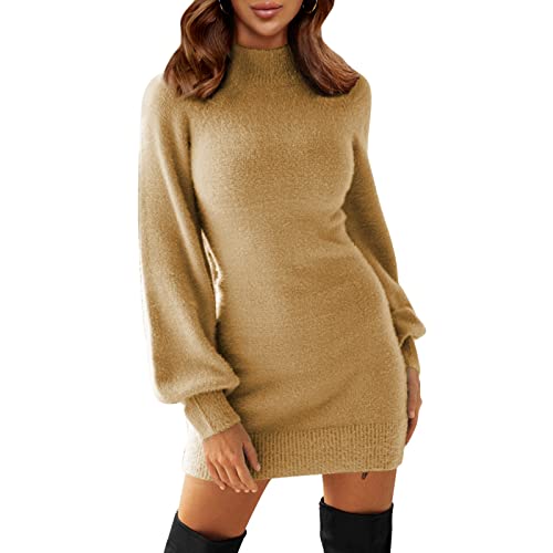EXLURA Womens Mock Neck Puff Long Sleeve Bodycon Pullover Cute