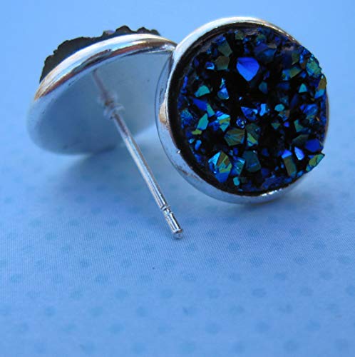 Silver-tone Blue Faux Druzy Stone Stud Earrings 12mm - Thumbnail 7