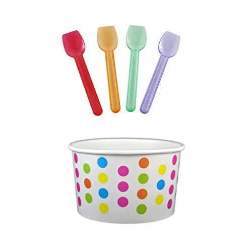 Black Cat Avenue Paper Ice Cream Cups with Spoons Combo, Polka Dot, Rainbow, 4 Ounce, 50 Pack