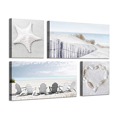 Beach Wall Art Seascape Print: Starfish & Chair on Seaside Giclee Artwork Painting on Canvas for Wall Decor(Overall 36"W x 24"H)