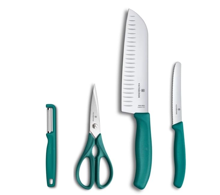 Victorinox Classic Profi Küchenset, 4-teilig, Inkl. Schäler, Schere, Santoku- und Tomatenmesser, Scharfe Klingen, 7-17 cm, Kunststoffgriffe, Schwarz