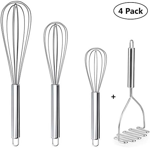 Stainless Steel Whisk 8"+10"+12" with Potato Masher Heavy Duty Kitchen Utensils Set - Wire Whisk - Balloon Whisk Set - Egg Frother for Whisking, Blending, Stirring, Pack of 4