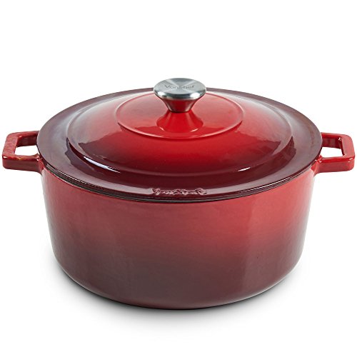 VonShef 11” Cast Iron Casserole Dish/ Round Dutch Oven Pot– Graduated Red with Enamel Coating - Naturally Non-Stick, Stain & Odor Resistant (5.8 Qt Capacity)