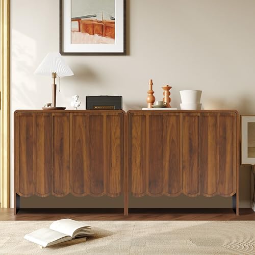 Sideboard Buffet Cabinet Set of 2, Accent Storage Cabinet with 2 Doors, Farmhouse Wood Cabinet with Adjustable Shelves and Wave Panel for Living Room, Dining Room, Entry - Walnut