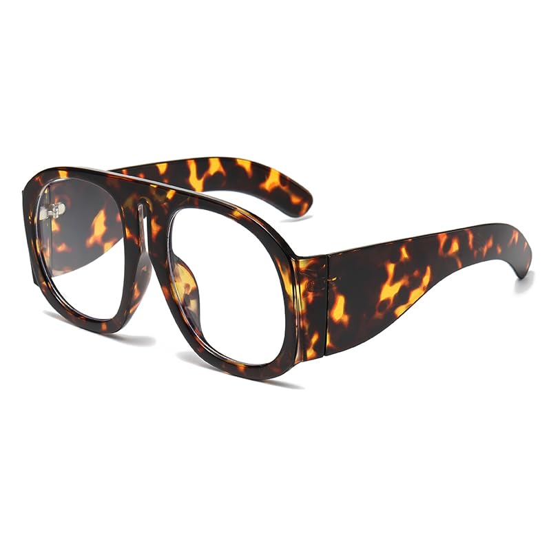 YAMEIZE Oversized Blue Light Blocking Glasses - Women Men Round Anti Blue Light Eye Glasses Thick Frame Gaming Glasses (Leopard Clear)