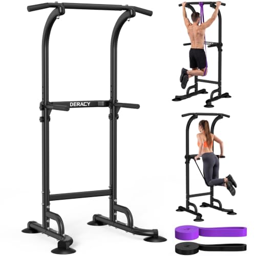DERACY Pull Up Bar Free Standing, Power Tower with Pull Up Assistance Bands, Adjustable Height Pull Up Dip Station, Dip