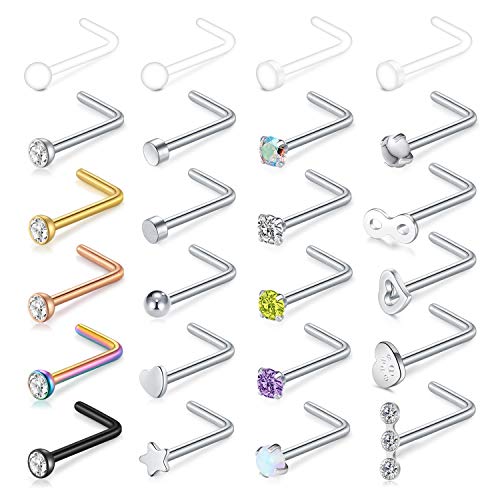 MODRSA - Espárragos para la nariz en forma de L, calibre 20, acero inoxidable quirúrgico, con forma de diamante, para piercing en la nariz, ópalo, circonita cúbica, corazón, parte superior plana, retenedor de nariz transparente para trabajo, mujeres, homb