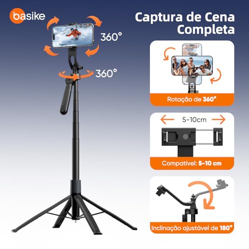 Basike Tripé para Celular 1,84m – Bastão de Selfie Dobrável Portátil com Controle Remoto, Rotação 360°, Base Quadrúpede Reforçada, Pau de Selfie com Parafuso 1/4" Compatível com Câmeras, GoPro/iPhone