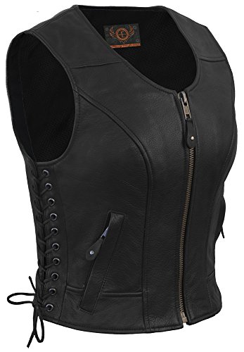 True ElementWomen's Fitted Side Laced Motorcycle Leather Vest with Zip Front Closure (Black, XS-3XLarge)