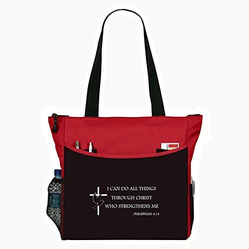 Philippians 4:13 I Can Do All Things Through Christ Tote Bag Christian Cross Bible Cover Verse Church Office School Travel Gym Book Organizer - Red &amp; Black