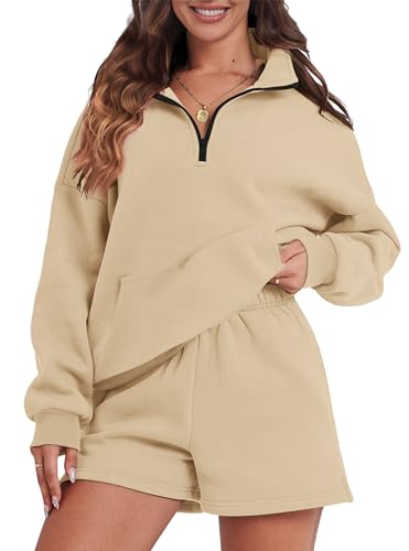 FKEEP Womens Sweatsuits 2 Piece Outfits Half Zip Sweatshirt Sweat Shorts with P…