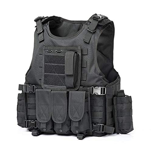 Jipemtra Law Enforcement Tactical Molle Vest Military Airsoft Paintball Vest Adjustable Assault Swat Vest Mesh Vest with Detachable Belt Holster Pouch for Combat Training Field Operations (Black #2)
