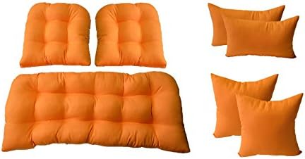 3 Pc Wicker Cushion Set - Tango Orange Cushions + 4 FREE Matching Pillows - Indoor / Outdoor Fabric