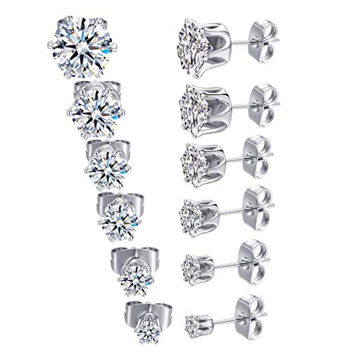 MDFUN 18K White Gold Plated Round Clear Cubic Zirconia Stud Earring Pack of 6 Pairs (6 Pairs)