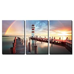 3 Piece Canvas Wall Art - Lighthouse at Lake Neusiedl - Austria - Modern Home Art Stretched and Framed Ready to Hang - 16"x24"x3 Panels