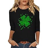 3/4 Sleeve Shirts for Women St Patrick's Day Shamrock Clover Graphic Shirts Lucky Irish Festival Party Tops