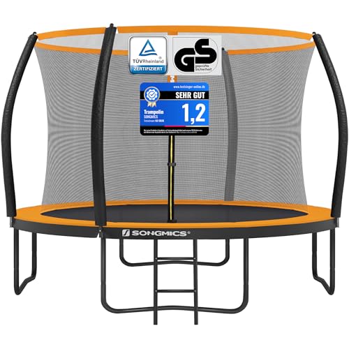 SONGMICS Trampolin 366 cm d, Gartentrampolin für Kinder mit Sicherheitsnetz, 180 cm hohe gebogene Stangen, Randabdeckung, Leiter, Stahlrahmen, schwarz