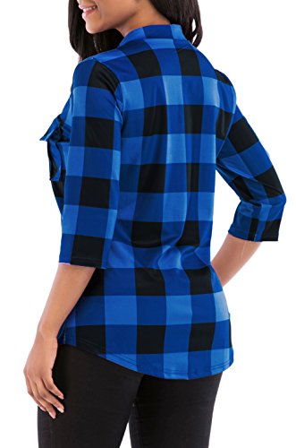 KISSMODA Women's Roll Up Sleeves Fitted Office Blouses Online With Pocket Blue Large - Thumbnail 3
