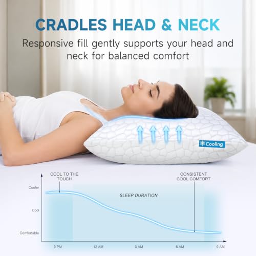 Cooling Memory Foam Pillows Queen Size Set of 2, Adjustable Shredded Foam Bed Pillows for Sleeping, Soft Support Pillows for Side & Back Sleepers with Breathable Dual-Sided Soft & Cooling Fabric
