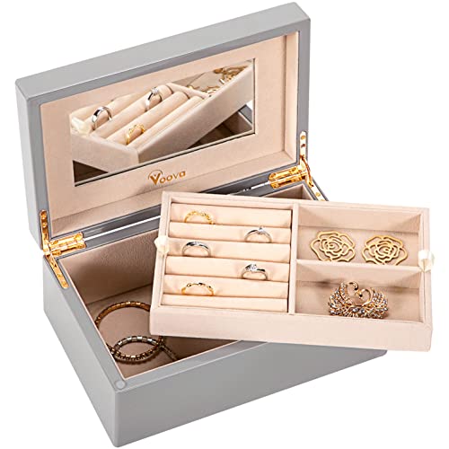 Voova Wooden Jewelry Box Organiser for Women Girls, Deluxe Piano Paint Jewelry Storage Case with Mirror, 2 Layer Jewellery Display Holder with Removable Tray for Earrings Rings Bracelets, Grey