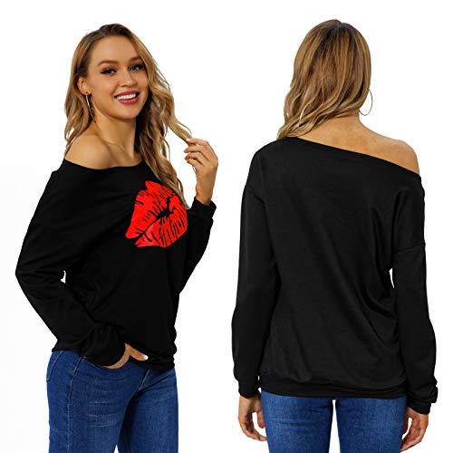 Begonia.K Women\'s Sexy Pullover Lips Print Casual Off the Shoulder Slouchy Shirt, Red Lip, Medium