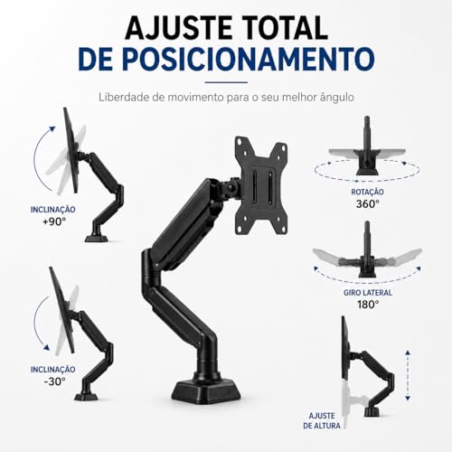 Suporte Articulado para Monitor com Pistão a Gás 10" a 35" | Braço Ergonômico de Mesa com Morsa | Ajuste de Altura, Inclinação 90° e Rotação 360° | VESA 75x75 e 100x100 | Suporta até 9kg